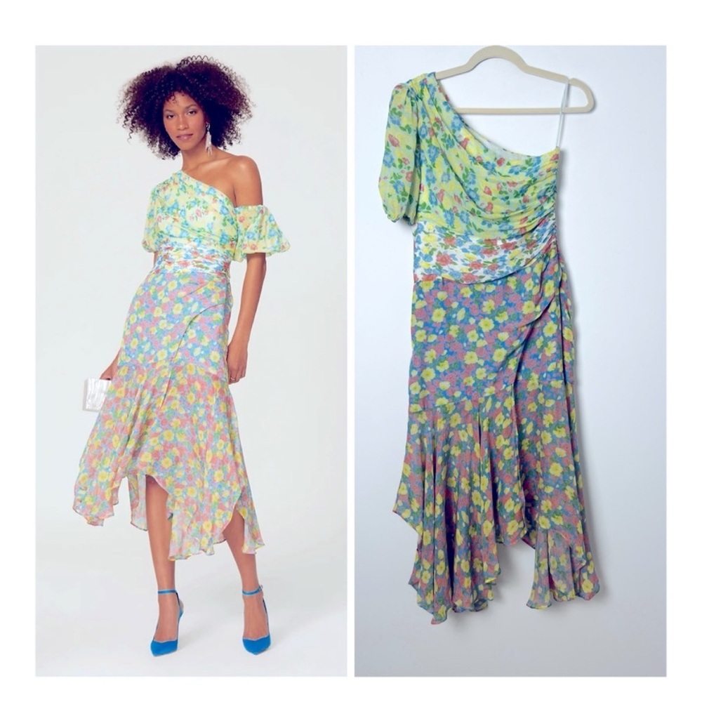 AMUR Jaylah Floral Color Block Silk Asymmetrical Hem One Shoulder Midi Dress 8